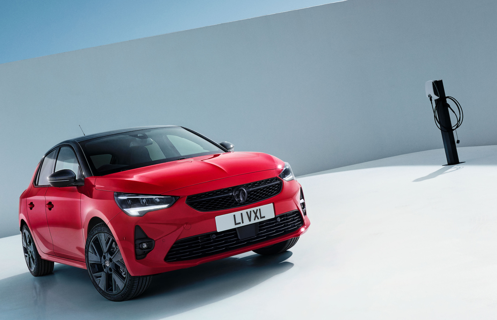 Vauxhall Corsa-e Anniversary Edition, Red, Still shot, Front three angles